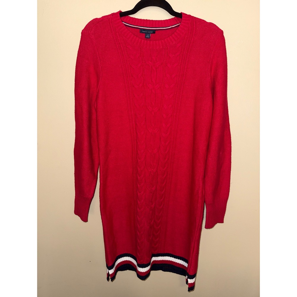 Tommy Hilfiger NWT Red Cable Knit Striped Hem Sweater Dress L Preppy Collegiate